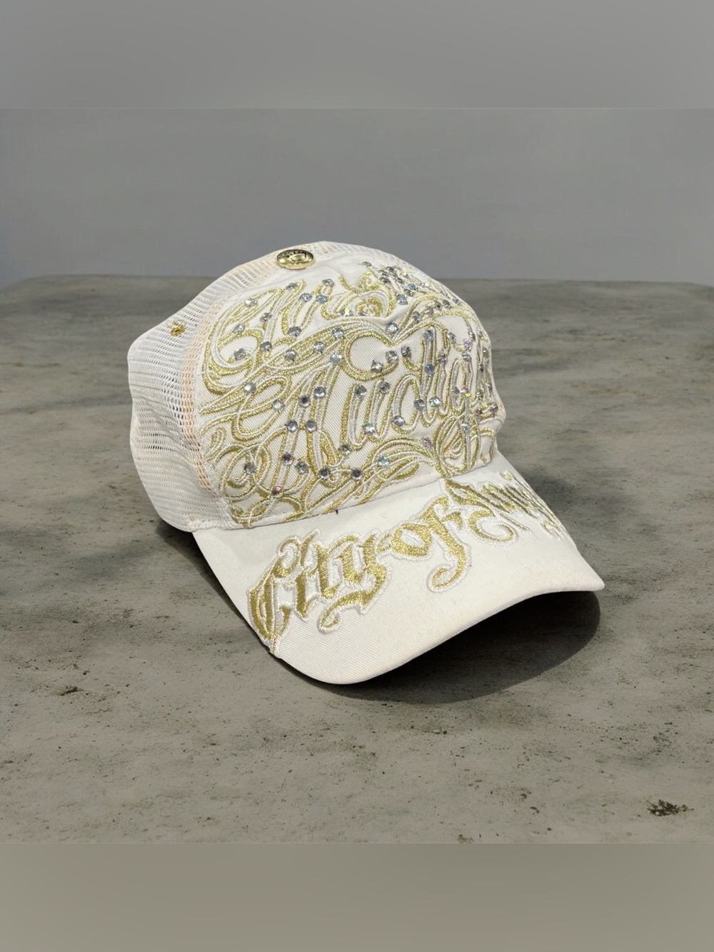 Christian Audigier White Embellished Mesh Baseball Cap with Gold Script